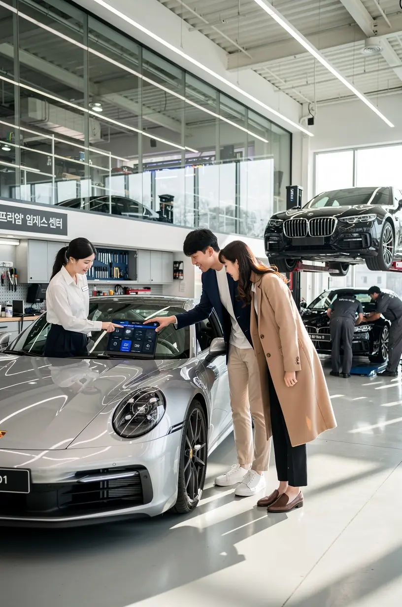 Profesionálny mechanik kontrolujúci motor luxusného automobilu v špecializovanom servise.